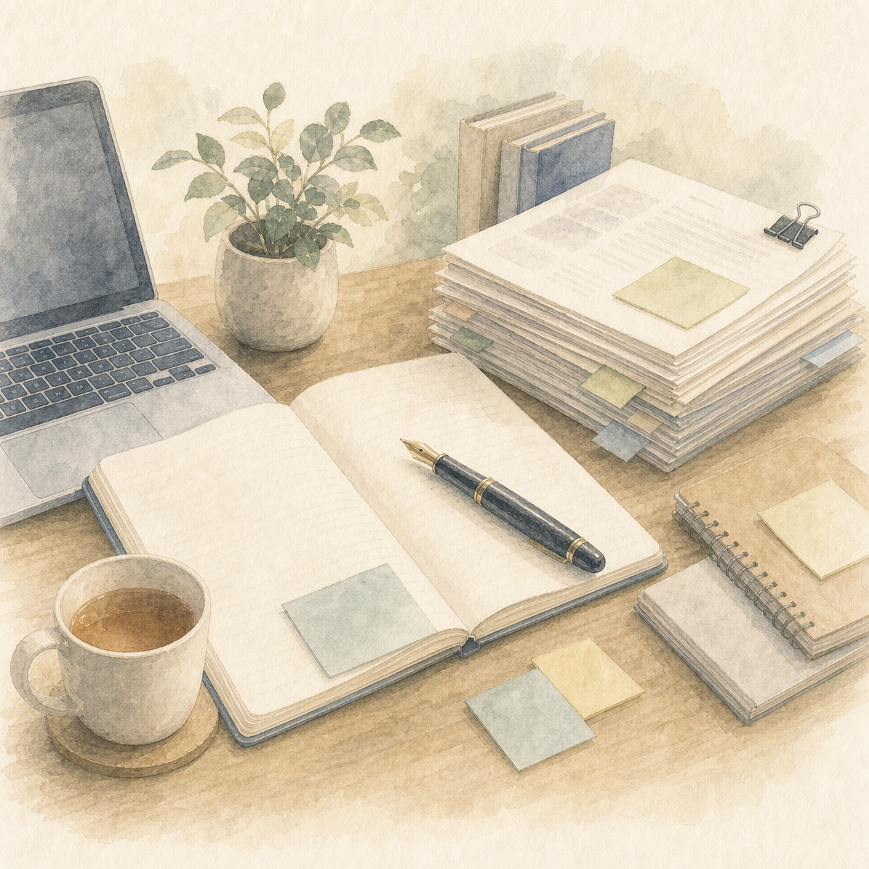 記事制作と実務知の蓄積を表す淡彩イラスト