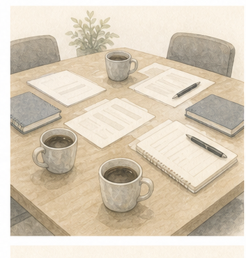 会議運営補助を表す会議テーブルと資料の淡彩イラスト