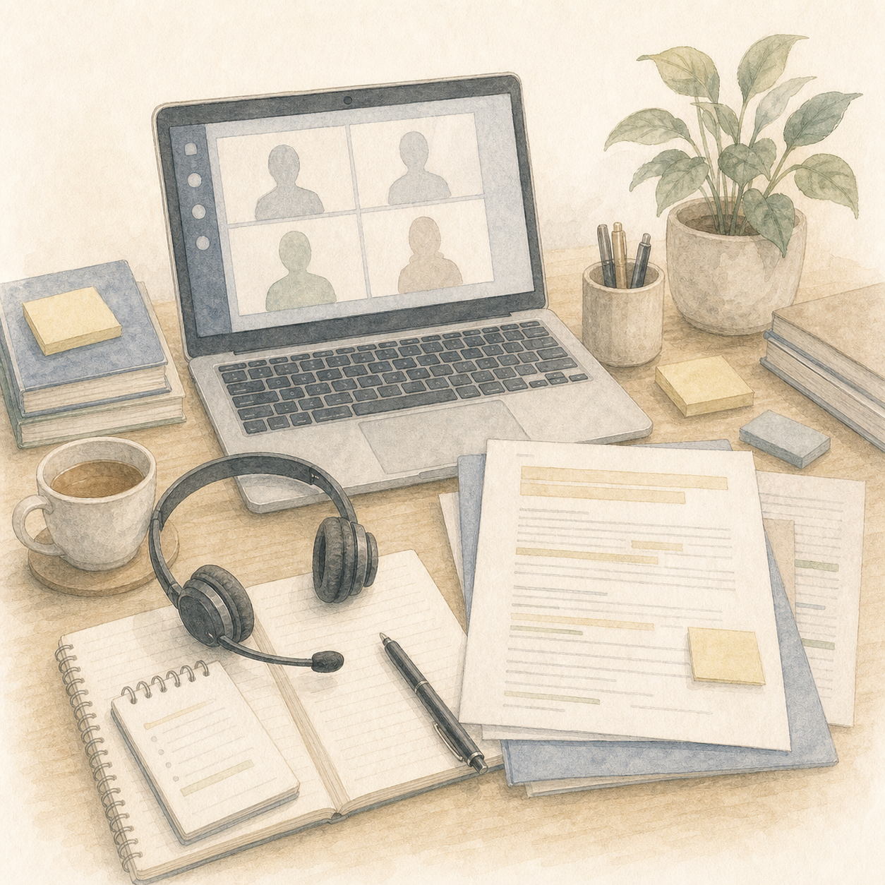 英語通訳翻訳を表す本と地球儀の淡彩イラスト