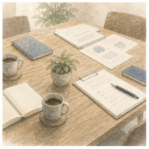 相談時の共有事項を表す会議テーブルの淡彩イラスト