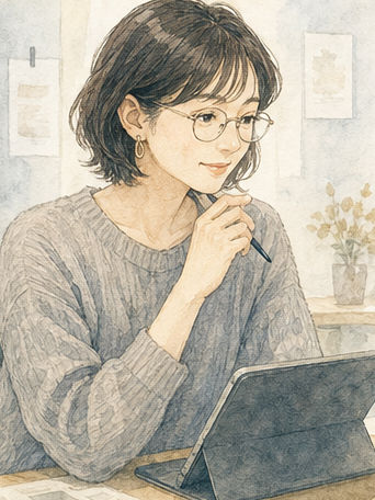 ウェブデザイナーを表す非実在人物の淡彩イラスト